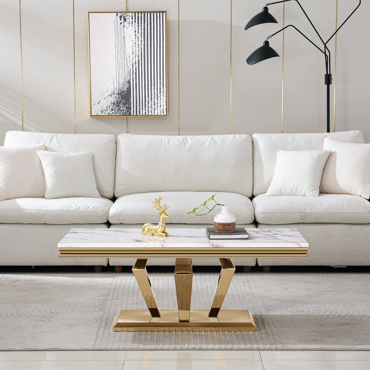 Stylish Coffee Table with 18mm White Marble Top & Gold Mirrored Stainless Steel Frame