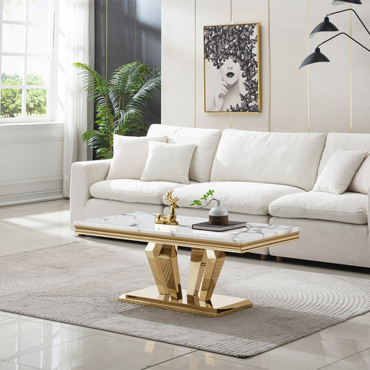 Stylish Coffee Table with 18mm White Marble Top & Gold Mirrored Stainless Steel Frame