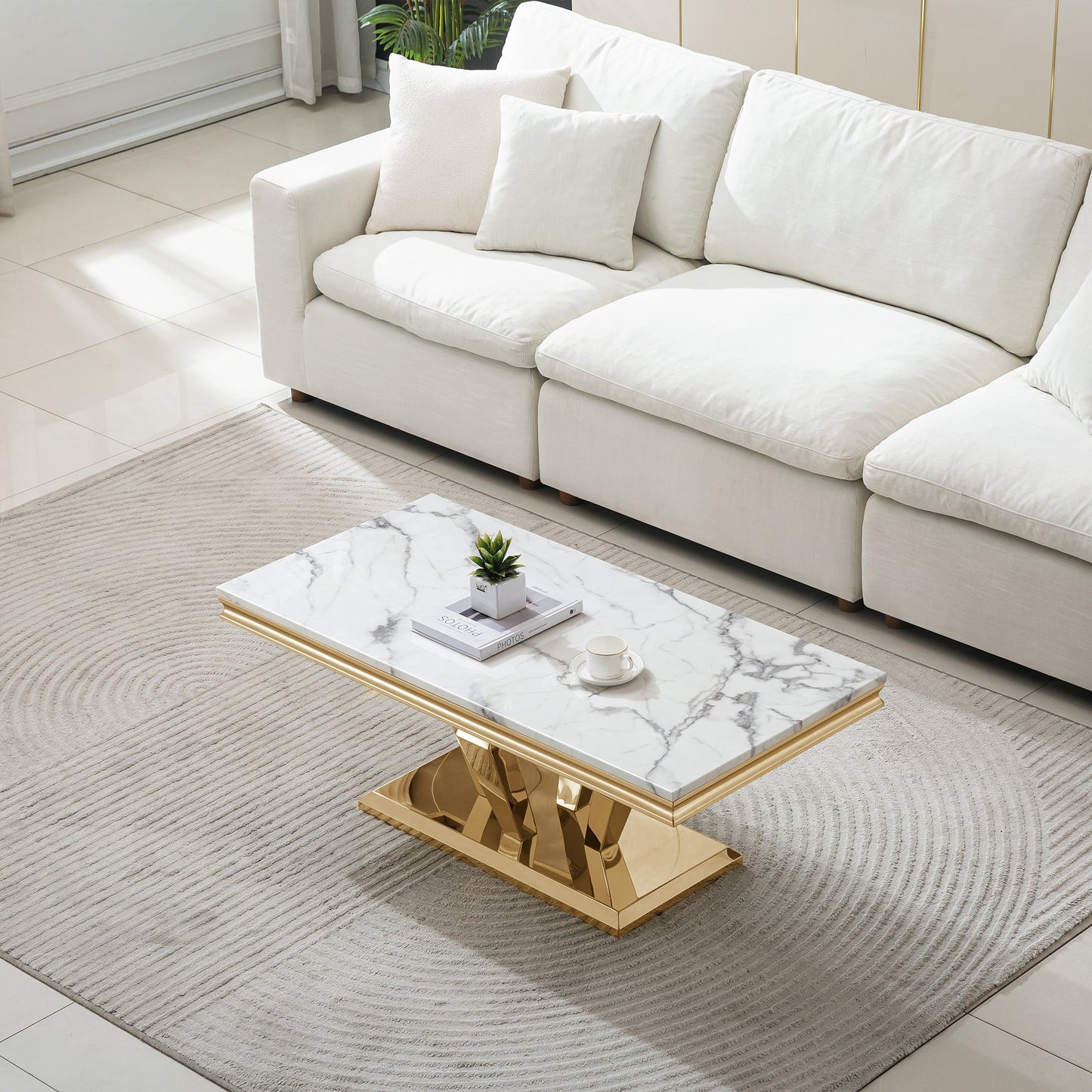 Stylish Coffee Table with 18mm White Marble Top & Gold Mirrored Stainless Steel Frame