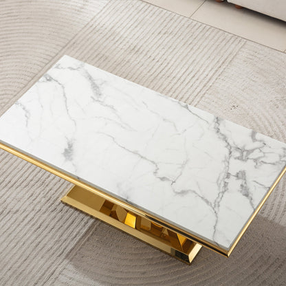 Stylish Coffee Table with 18mm White Marble Top & Gold Mirrored Stainless Steel Frame