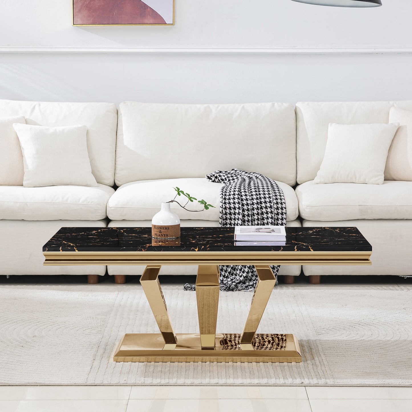 Stylish Coffee Table with 18mm White Marble Top & Gold Mirrored Stainless Steel Frame