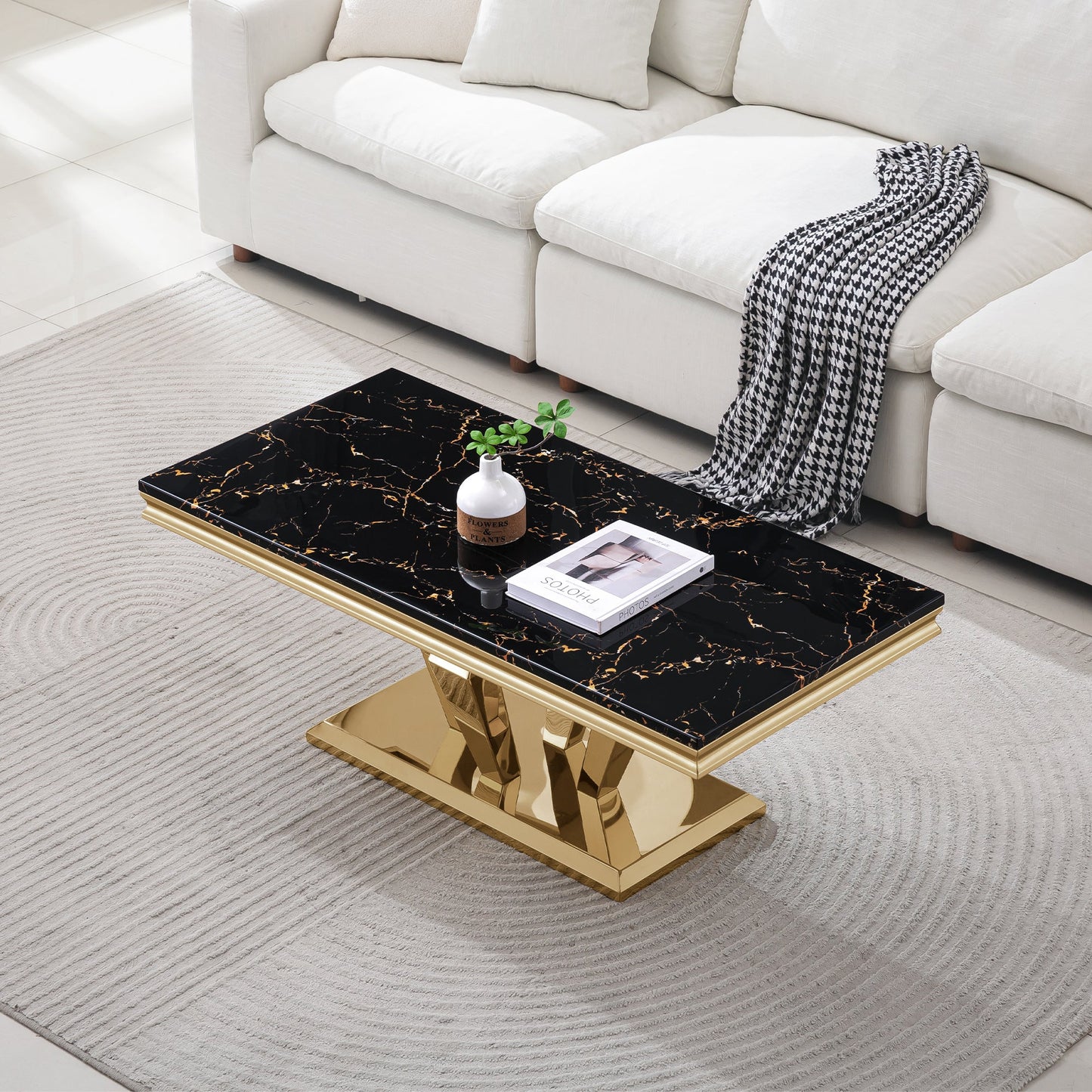 Stylish Coffee Table with 18mm White Marble Top & Gold Mirrored Stainless Steel Frame