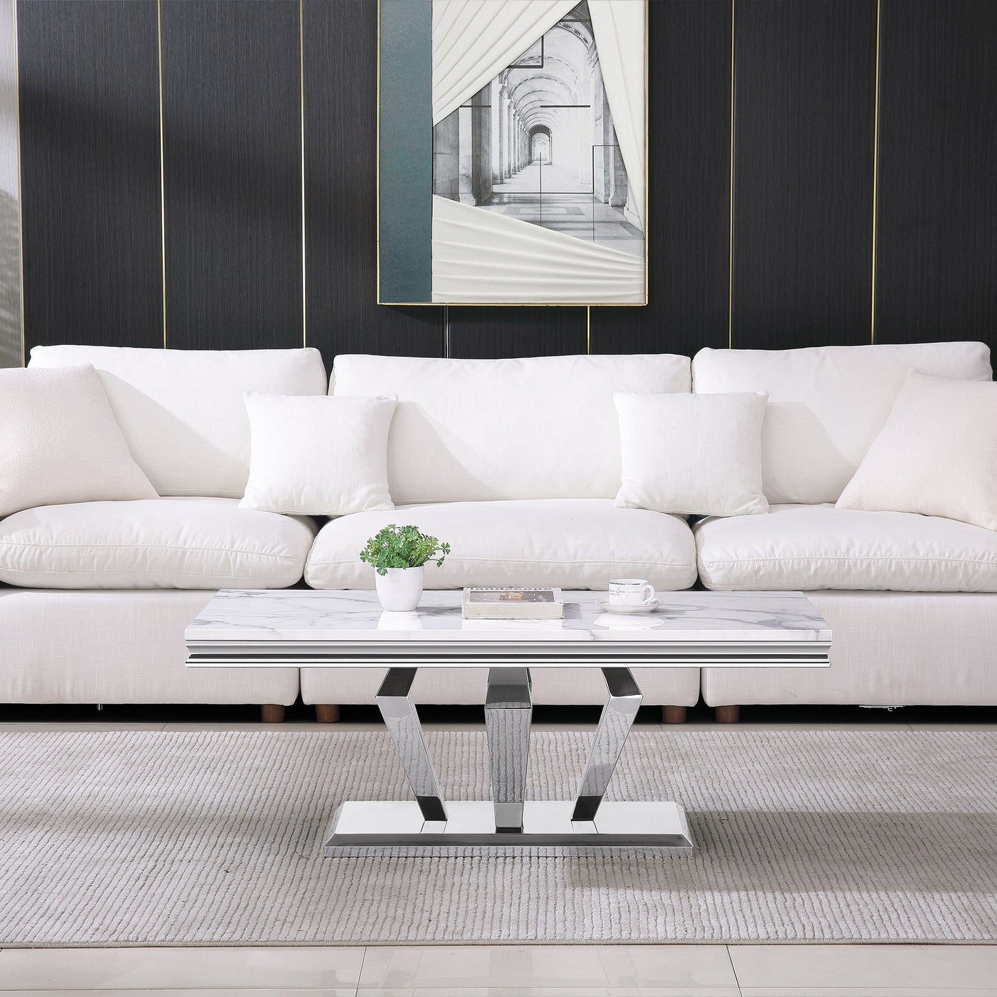 Stylish Coffee Table with 18mm White Marble Top & Gold Mirrored Stainless Steel Frame