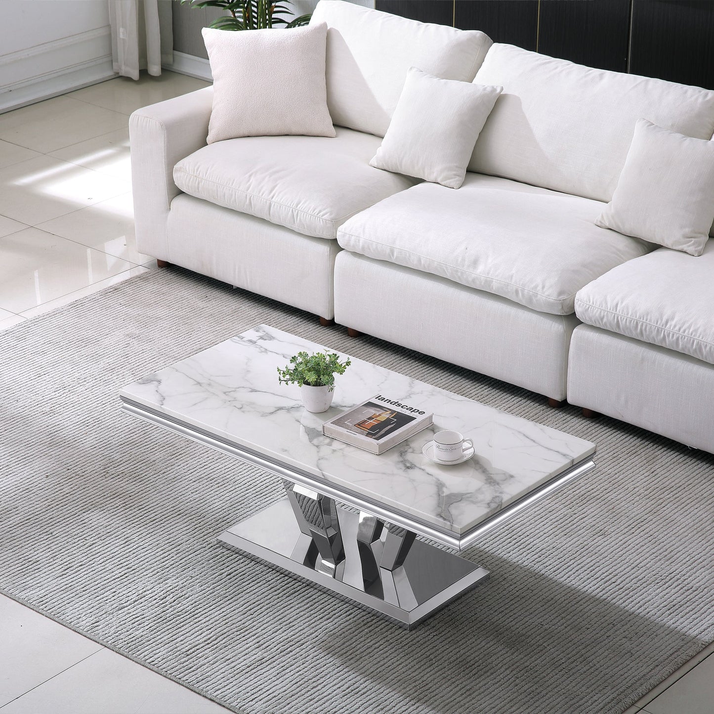 Stylish Coffee Table with 18mm White Marble Top & Gold Mirrored Stainless Steel Frame