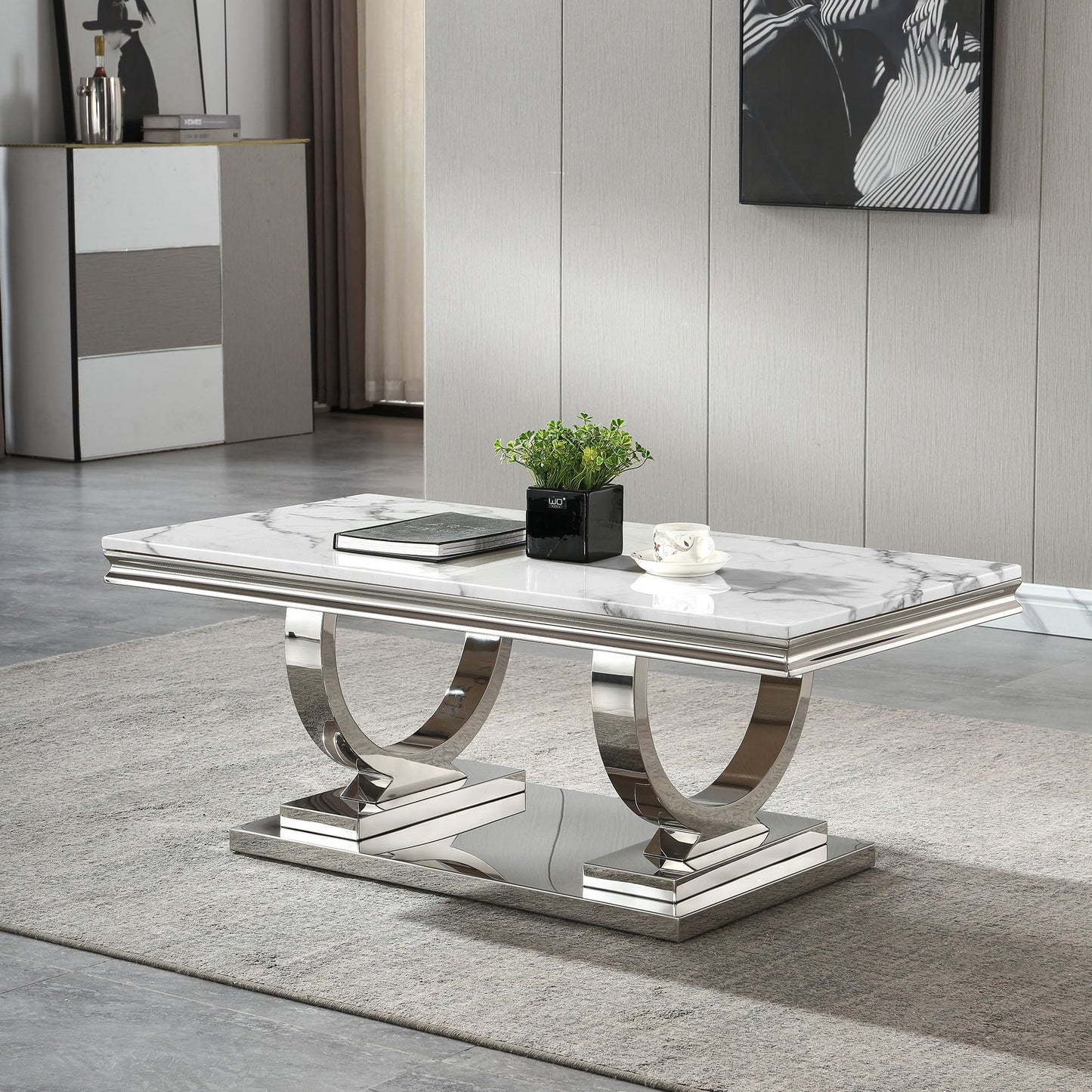 Luxury Coffee Table with 18mm White Marble & Gold Mirrored Stainless Steel Base