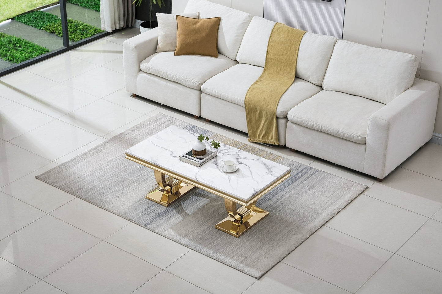 Elegant Coffee Table with 18mm White Marble & Gold Mirrored Stainless Steel Base