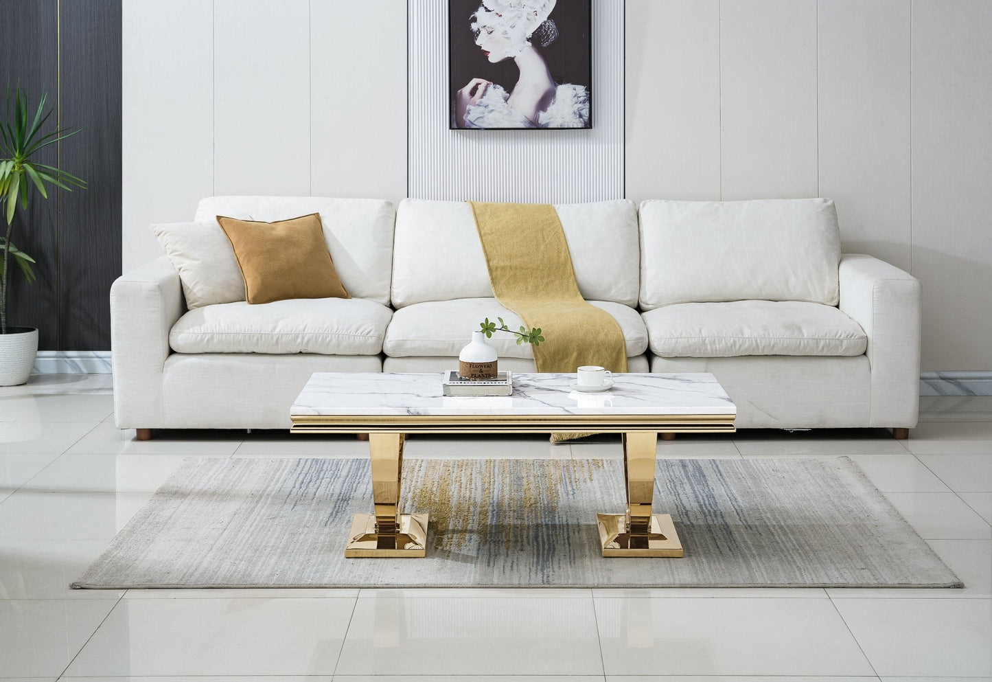 Elegant Coffee Table with 18mm White Marble & Gold Mirrored Stainless Steel Base