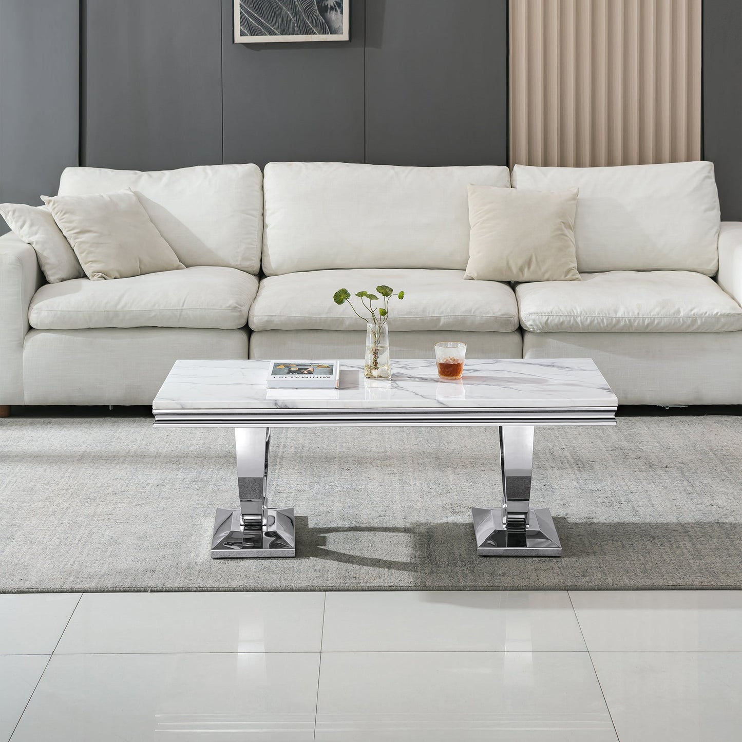 Elegant Coffee Table with 18mm White Marble & Gold Mirrored Stainless Steel Base