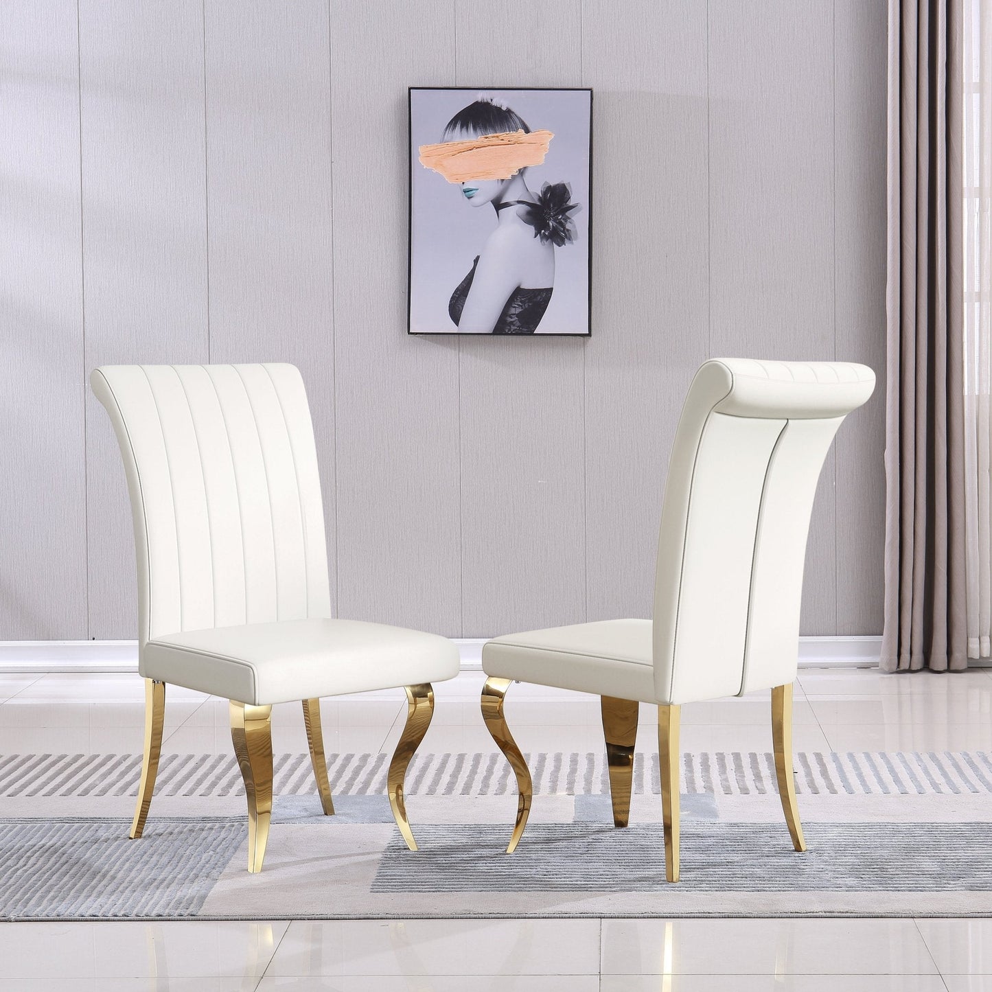 Stylish Dining Chair in White PU, Grey Velvet, or Black Velvet with Gold/Silver Mirrored Finish