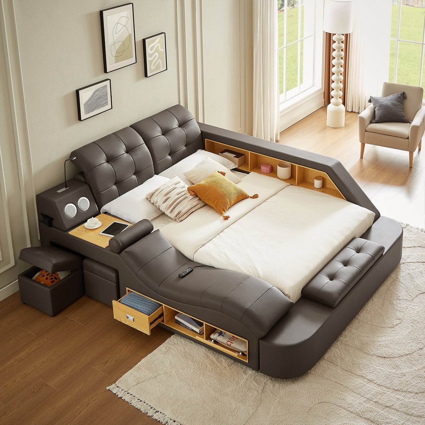 Luxury Bed with Leather Upholstery, Storage, USB Ports, Bluetooth Speaker & Massage Chaise