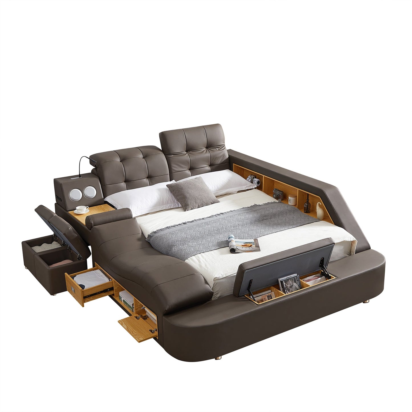 Luxury Bed with Leather Upholstery, Storage, USB Ports, Bluetooth Speaker & Massage Chaise