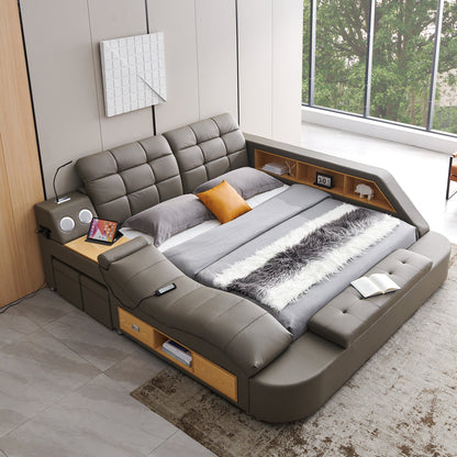 Luxury Bed with Leather Upholstery, Storage, USB Ports, Bluetooth Speaker & Massage Chaise