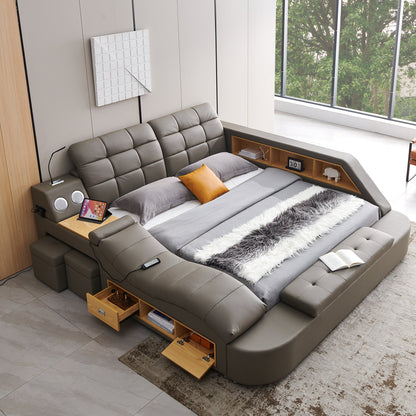 Luxury Bed with Leather Upholstery, Storage, USB Ports, Bluetooth Speaker & Massage Chaise