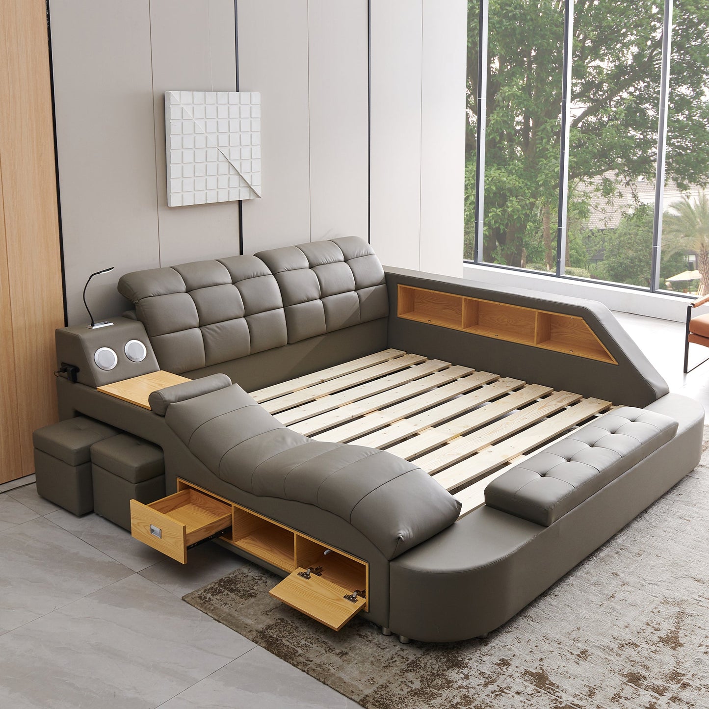 Luxury Bed with Leather Upholstery, Storage, USB Ports, Bluetooth Speaker & Massage Chaise