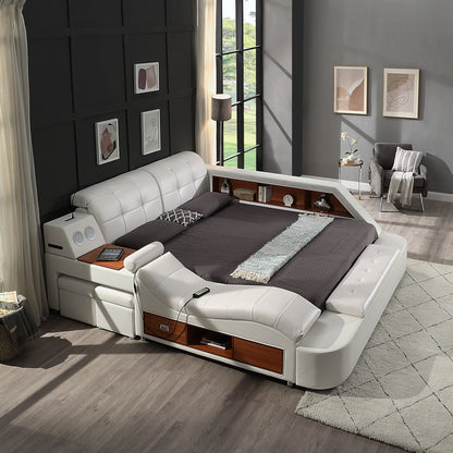 Luxury Bed with Leather Upholstery, Storage, USB Ports, Bluetooth Speaker & Massage Chaise