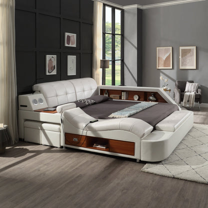 Luxury Bed with Leather Upholstery, Storage, USB Ports, Bluetooth Speaker & Massage Chaise