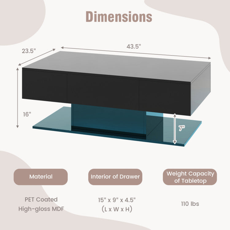 Sleek Modern LED Coffee Table with 20 Color LED Lights and Dual Storage Drawers - Enhance Your Living Room Style