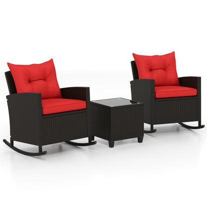 3-Piece Patio Furniture Set: Rattan Wicker Rocking Chairs with Tempered Glass Coffee Table and Soft Cushions