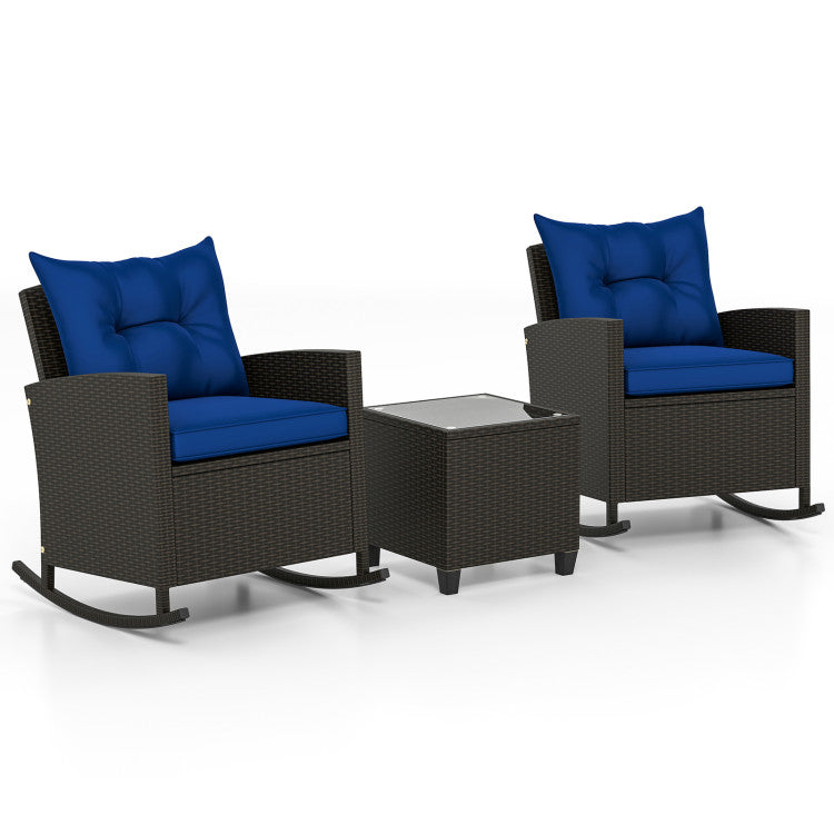 3-Piece Patio Furniture Set: Rattan Wicker Rocking Chairs with Tempered Glass Coffee Table and Soft Cushions
