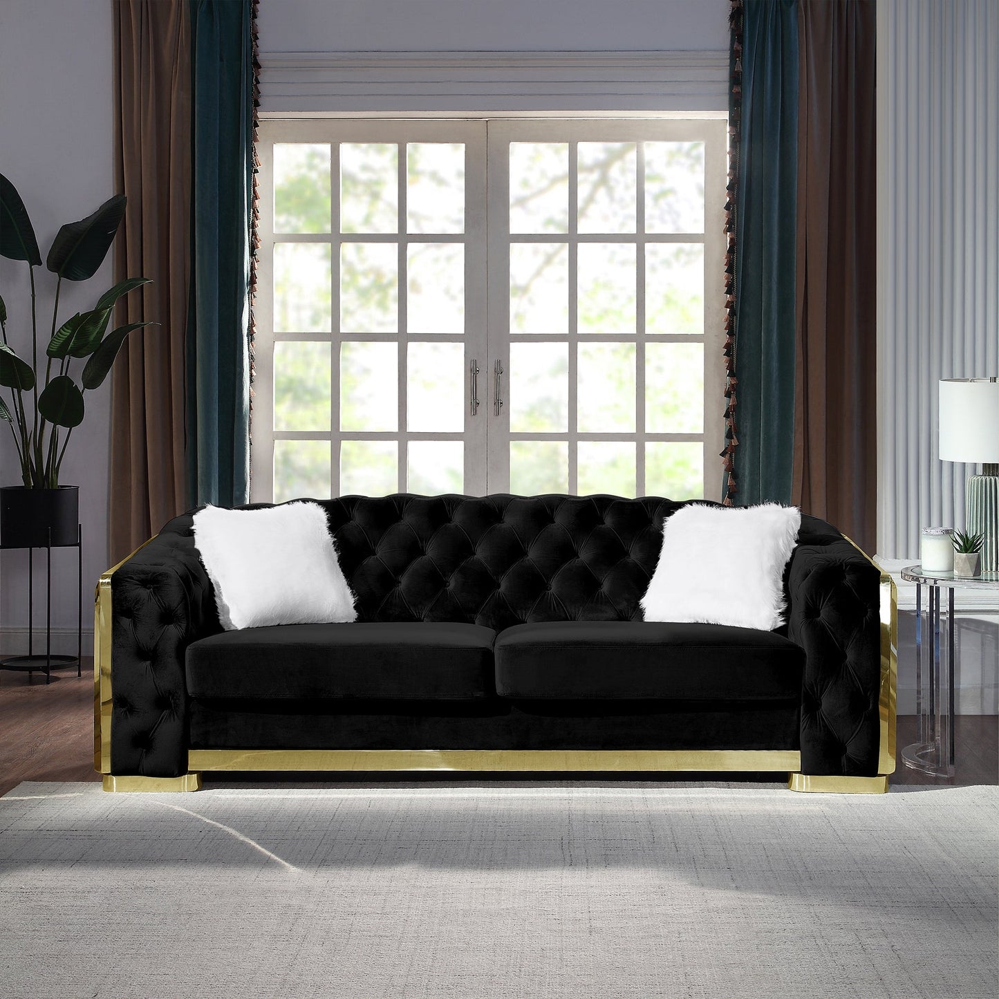 Luxury Polyester Velvet Furniture: Stylish Sofa, Loveseat & Chair with Solid Wood & Stainless Steel Legs