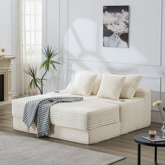 Elegant Compressed Sofa in White Flannel: High-Density Spring & Sponge Filling