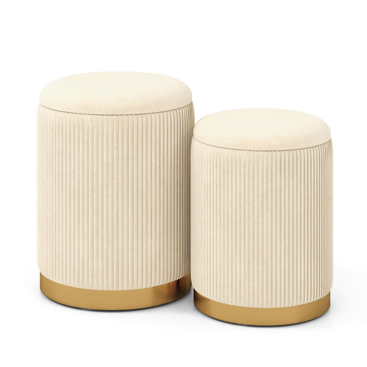 Stylish Velvet and Linen Fabric Storage Ottoman Set of 2 - Perfect for Home Organization and Decor