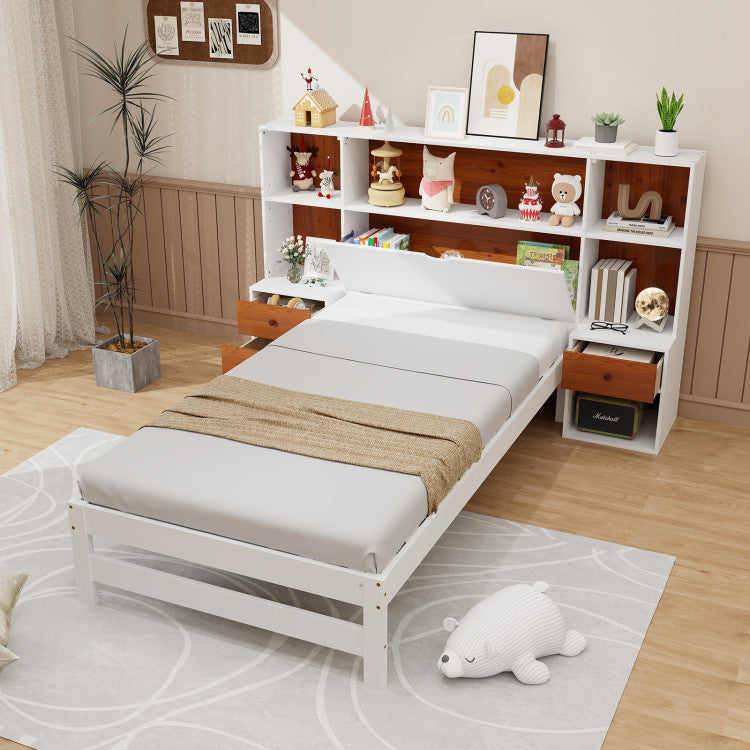 Versatile Bed with Bookcase and Shelves - Wooden Slat Support, No Box Spring Needed for Living Room or Bedroom