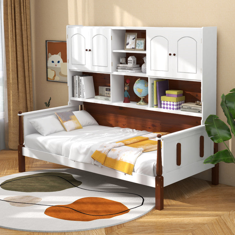 Versatile Bed with Bookcase and Shelves - Wooden Slat Support, No Box Spring Needed for Living Room or Bedroom