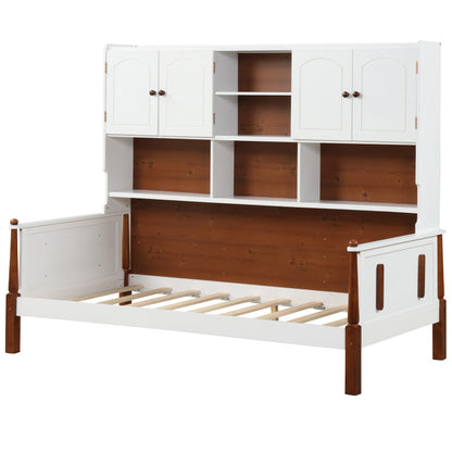 Versatile Bed with Bookcase and Shelves - Wooden Slat Support, No Box Spring Needed for Living Room or Bedroom