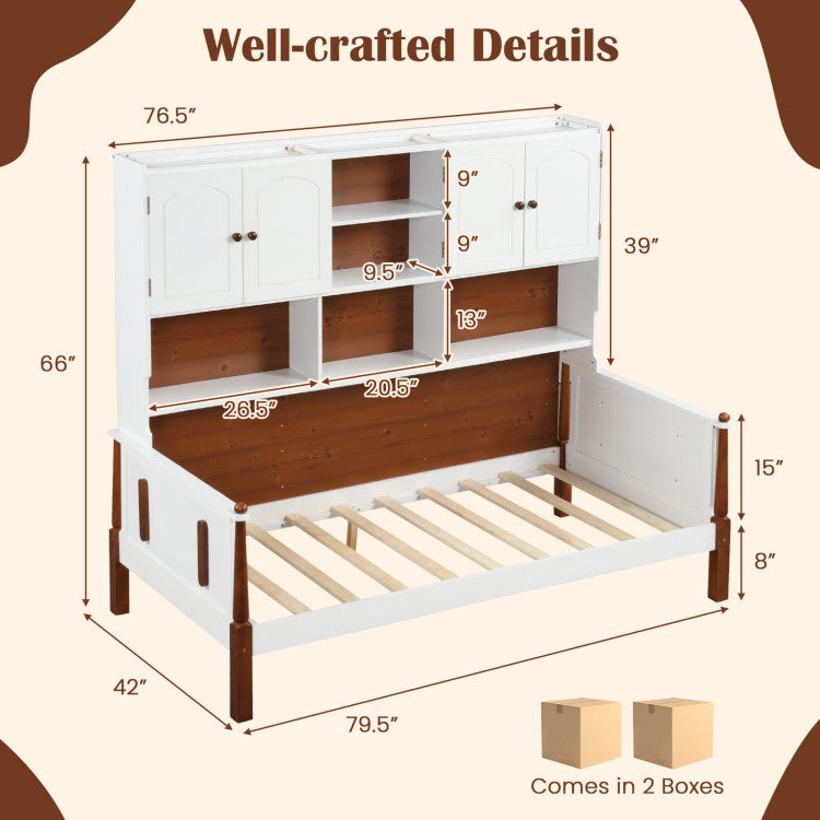 Versatile Bed with Bookcase and Shelves - Wooden Slat Support, No Box Spring Needed for Living Room or Bedroom