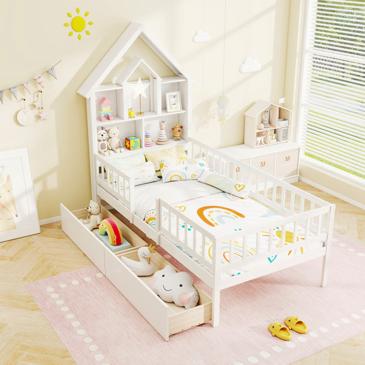 Kids Montessori House Bed with House-Shaped Storage Headboard – Fun & Functional Bedroom Furniture