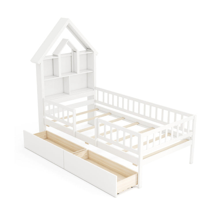 Kids Montessori House Bed with House-Shaped Storage Headboard – Fun & Functional Bedroom Furniture