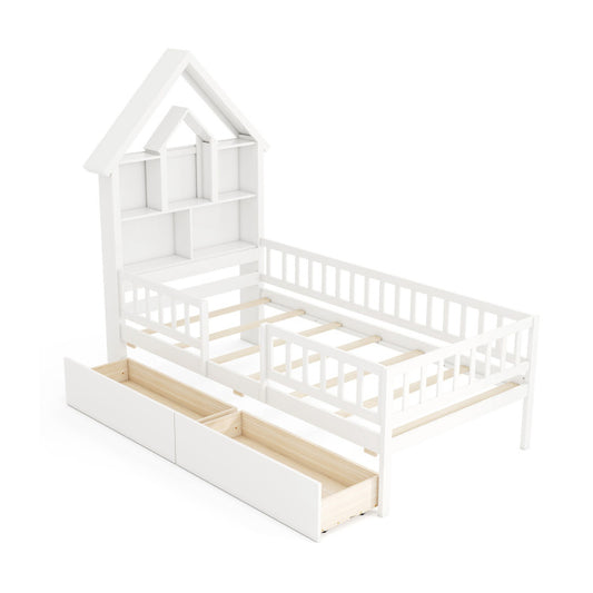 Kids Montessori House Bed with House-Shaped Storage Headboard – Fun & Functional Bedroom Furniture