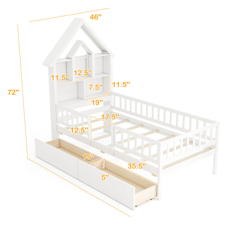 Kids Montessori House Bed with House-Shaped Storage Headboard – Fun & Functional Bedroom Furniture