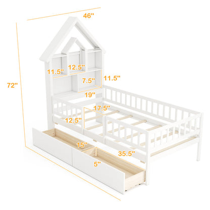 Kids Montessori House Bed with House-Shaped Storage Headboard – Fun & Functional Bedroom Furniture