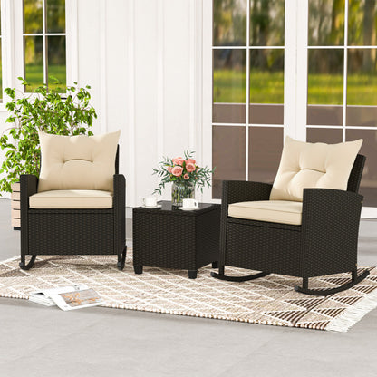 3-Piece Patio Furniture Set: Rattan Wicker Rocking Chairs with Tempered Glass Coffee Table and Soft Cushions