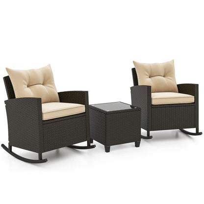 3-Piece Patio Furniture Set: Rattan Wicker Rocking Chairs with Tempered Glass Coffee Table and Soft Cushions