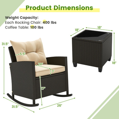 3-Piece Patio Furniture Set: Rattan Wicker Rocking Chairs with Tempered Glass Coffee Table and Soft Cushions