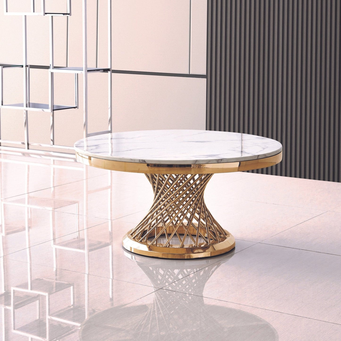 Elegant Round Coffee Table with 18mm White Marble Top & Gold Mirrored Stainless Steel Base