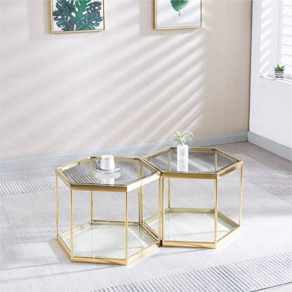 Modern Hexagon Coffee Table with Tempered Glass & Stainless Steel - Gold/Silver Finish