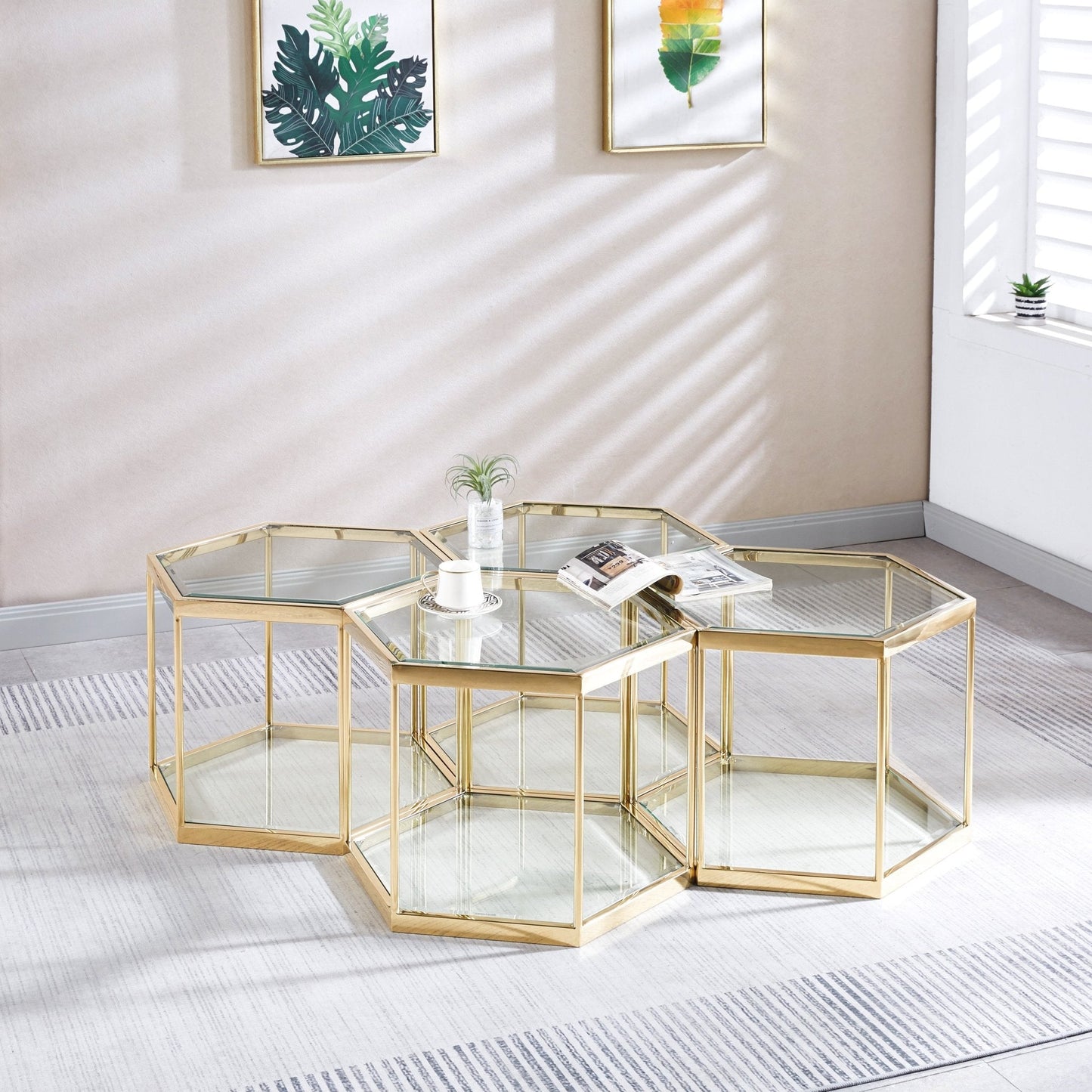 Modern Hexagon Coffee Table with Tempered Glass & Stainless Steel - Gold/Silver Finish