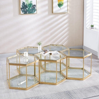 Modern Hexagon Coffee Table with Tempered Glass & Stainless Steel - Gold/Silver Finish