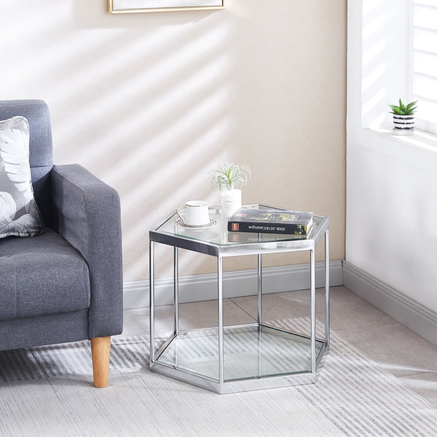 Modern Hexagon Coffee Table with Tempered Glass & Stainless Steel - Gold/Silver Finish