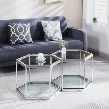 Modern Hexagon Coffee Table with Tempered Glass & Stainless Steel - Gold/Silver Finish