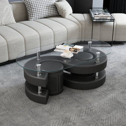 Stylish Oval Coffee Table Set with Tempered Glass & Round Stools