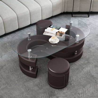 Stylish Oval Coffee Table Set with Tempered Glass & Round Stools