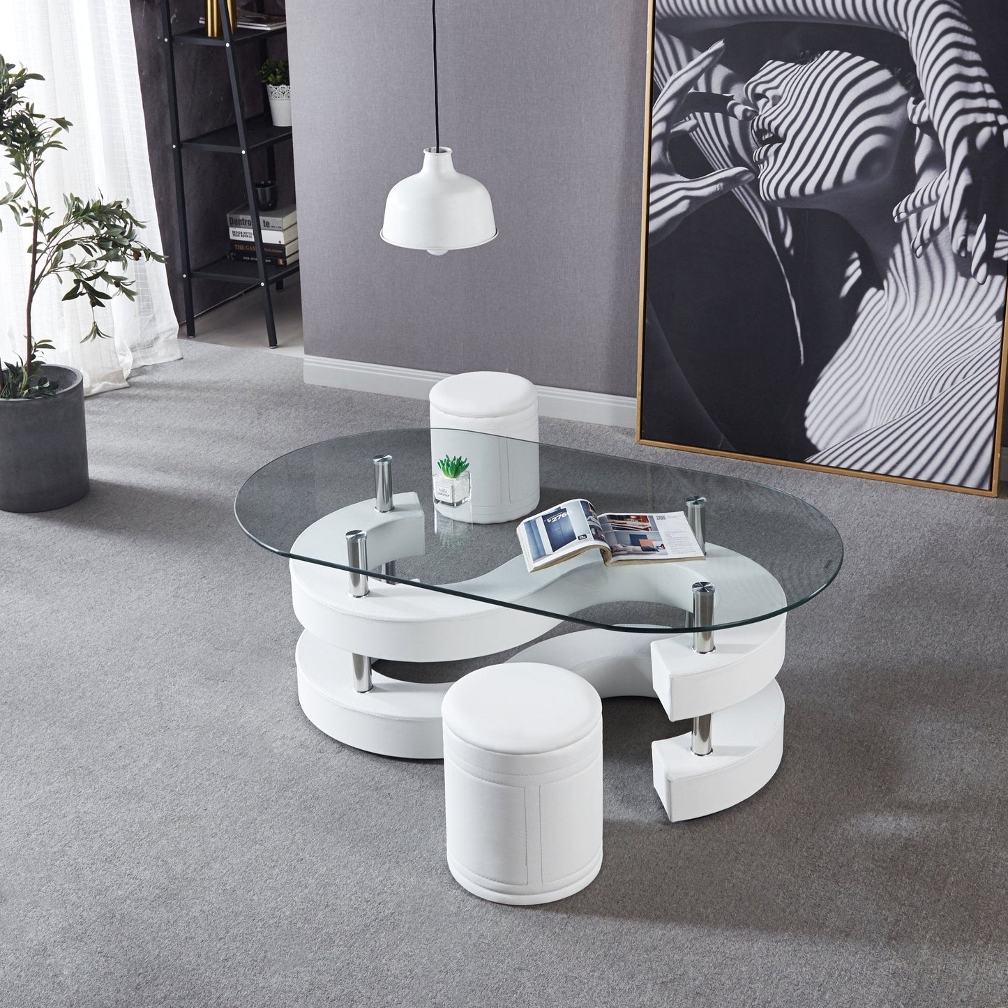 Stylish Oval Coffee Table Set with Tempered Glass & Round Stools