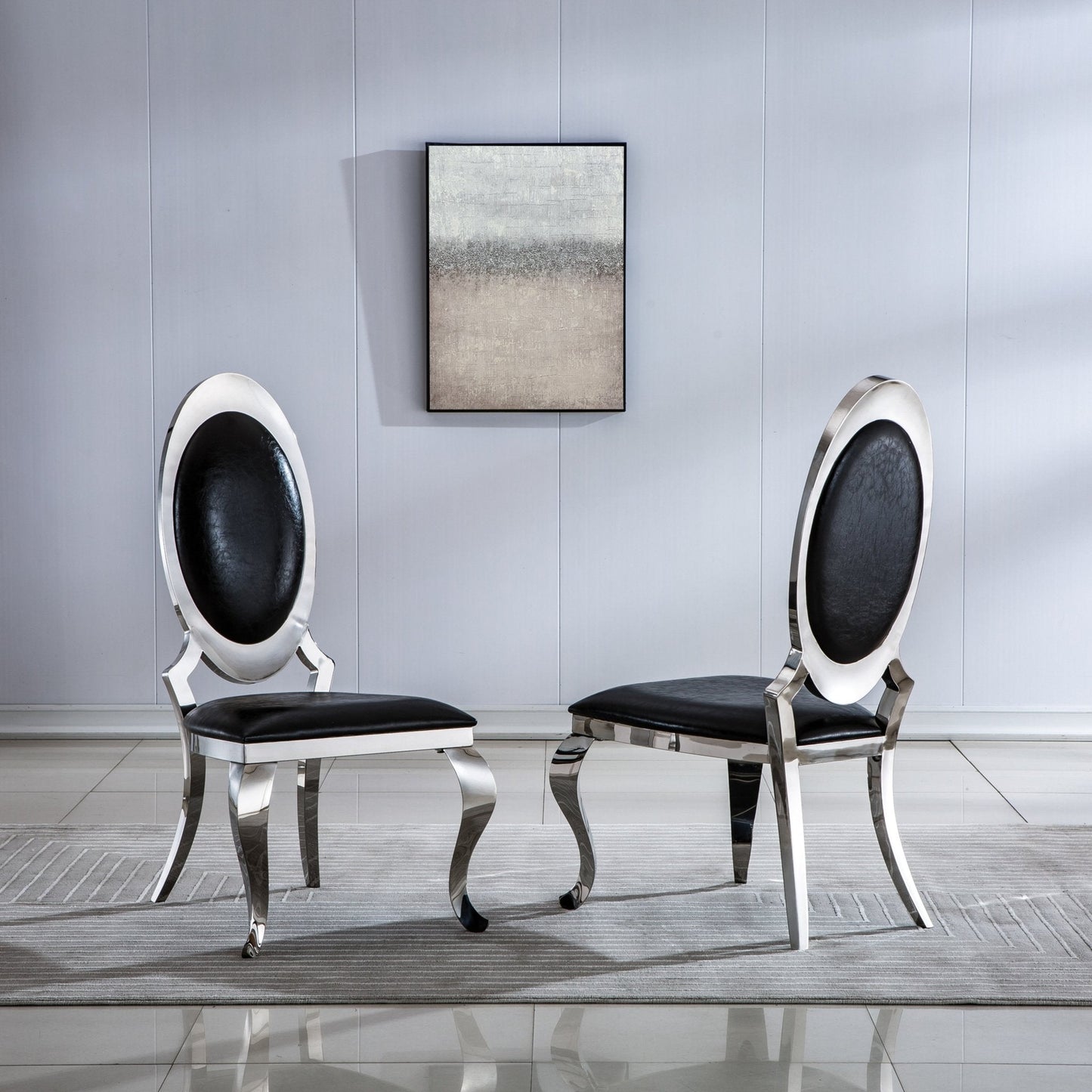 Elegant Set of 2 Dining Chairs in White PU, Black PU, or Grey Velvet with Gold/Silver Mirrored Finish