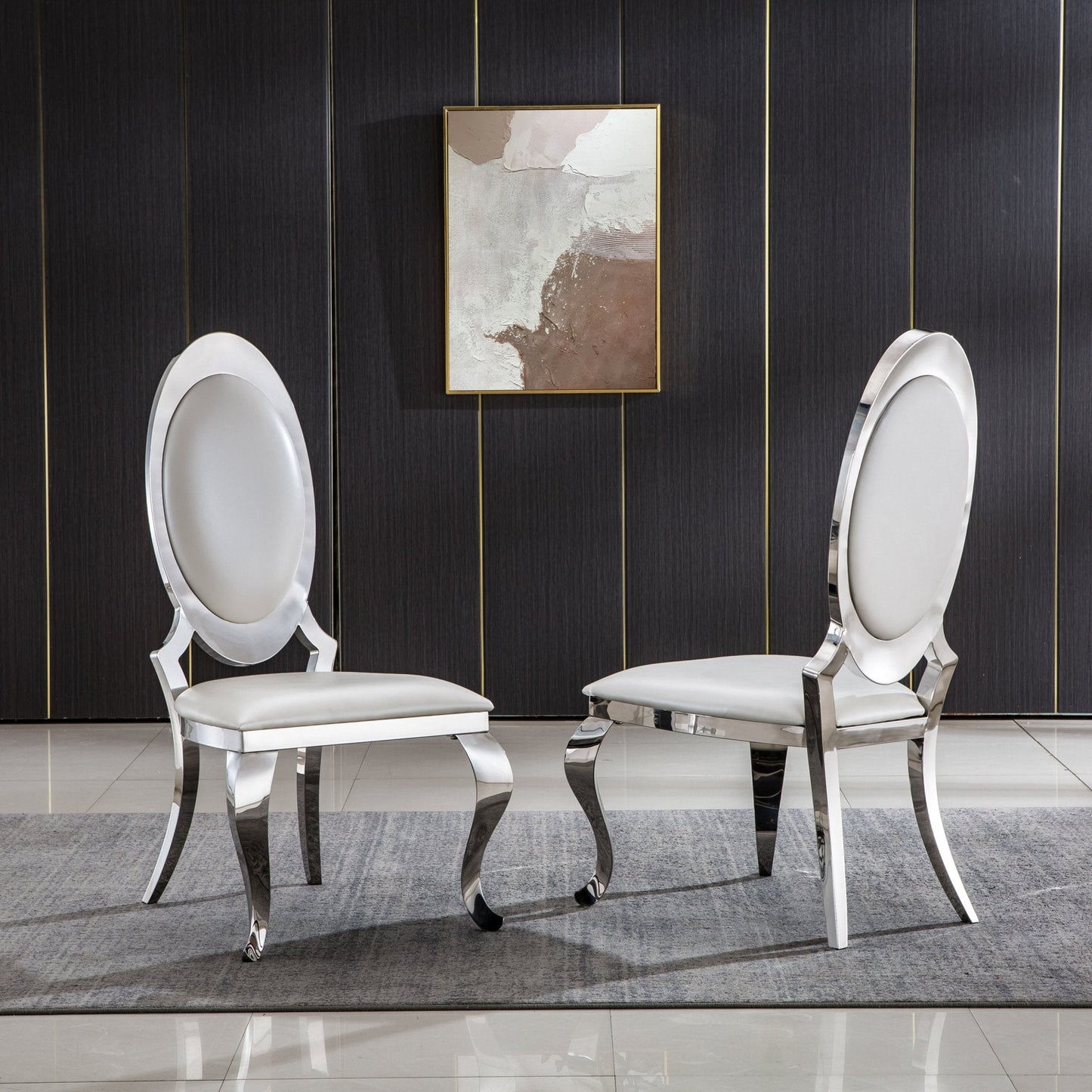 Elegant Set of 2 Dining Chairs in White PU, Black PU, or Grey Velvet with Gold/Silver Mirrored Finish