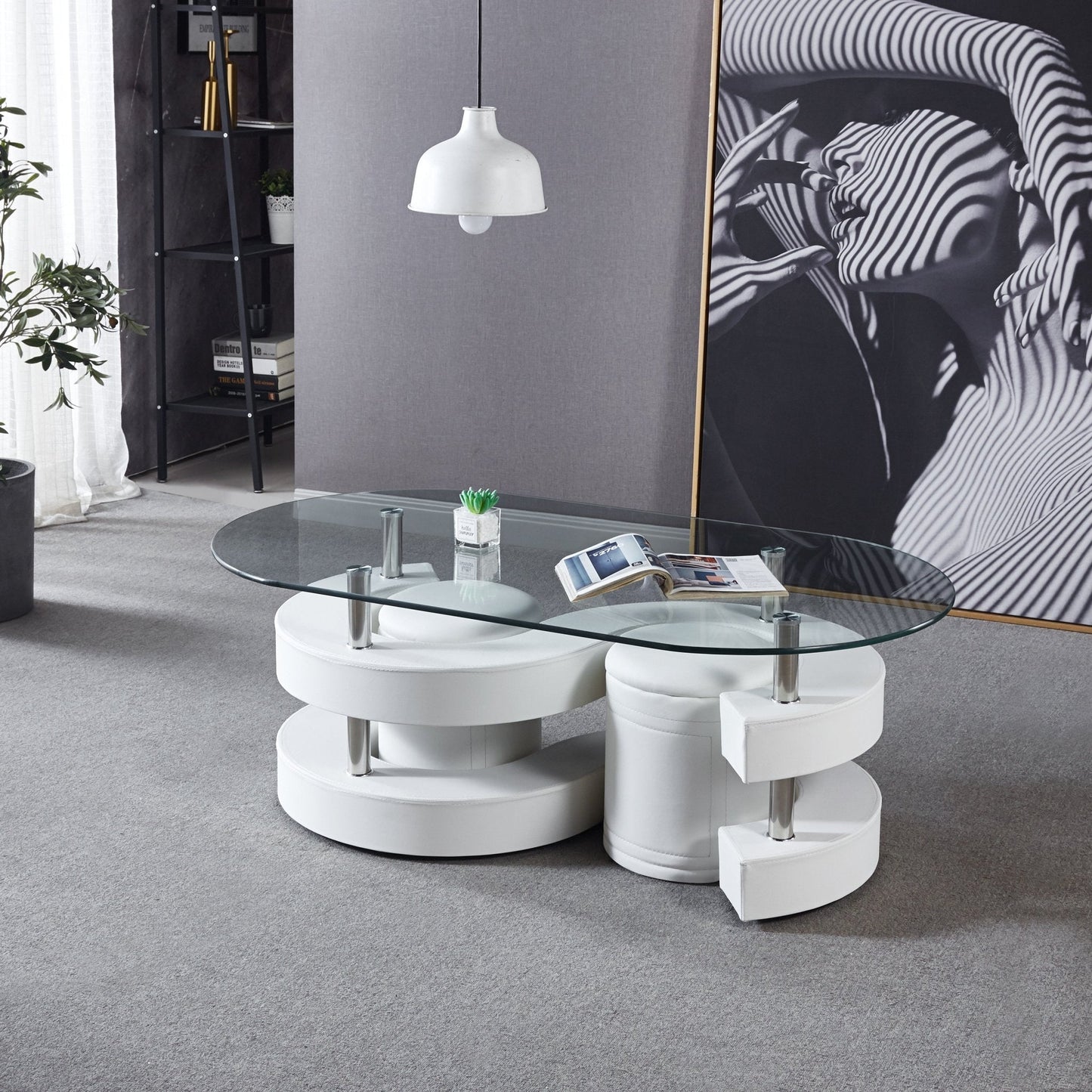 Stylish Oval Coffee Table Set with Tempered Glass & Round Stools